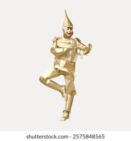 Illustration of a tin man in a whimsical pose. The tin man wears a pointed hat and metallic suit. The tin man is dancing joyfully, showing playful energy. Isolated vintage vector element.