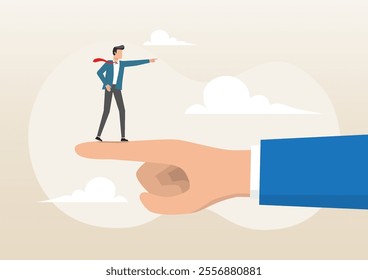 An illustration of tiny businessman standing on giant hand pointing in opposite direction. Employee conflict direction, argument between coworker, opposite way, decision issue concept