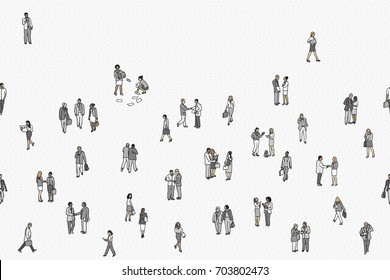 Illustration of tiny businesspeople: a diverse collection of small hand drawn men and women in business suits, small office workers walking through the city, seamless banner, can be tiled horizontally