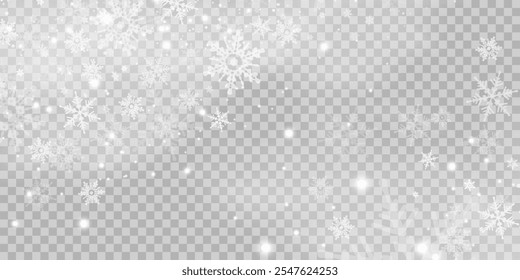 Illustration of tiny flying snow flakes. Menacing dust freezes shapes. Snowfall sky white transparent wallpaper. Flat snowflakes january vector.