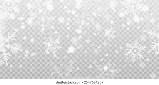 Illustration of tiny flying snow flakes. Menacing dust freezes shapes. Snowfall sky white transparent wallpaper. Flat snowflakes january vector.