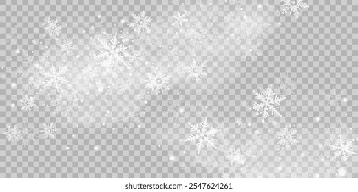 Illustration of tiny flying snow flakes. Menacing dust freezes shapes. Snowfall sky white transparent wallpaper. Flat snowflakes january vector.