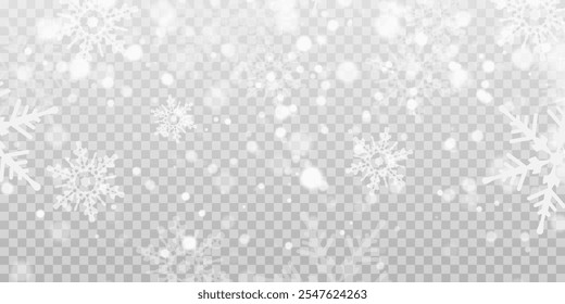 Illustration of tiny flying snow flakes. Menacing dust freezes shapes. Snowfall sky white transparent wallpaper. Flat snowflakes january vector.