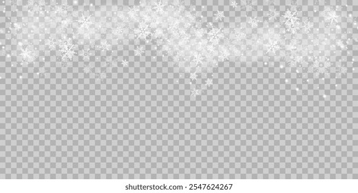 Illustration of tiny flying snow flakes. Menacing dust freezes shapes. Snowfall sky white transparent wallpaper. Flat snowflakes january vector.