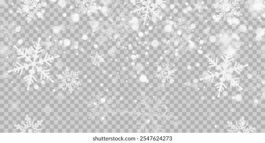 Illustration of tiny flying snow flakes. Menacing dust freezes shapes. Snowfall sky white transparent wallpaper. Flat snowflakes january vector.