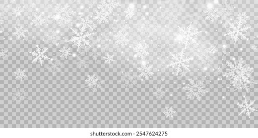 Illustration of tiny flying snow flakes. Menacing dust freezes shapes. Snowfall sky white transparent wallpaper. Flat snowflakes january vector.