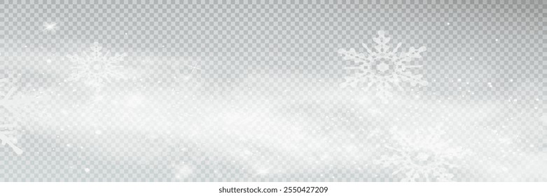 Illustration of tiny flying snow flakes. Menacing dust freezes shapes. Snowfall sky white transparent wallpaper. Flat snowflakes january vector.	