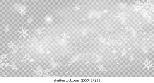 Illustration of tiny flying snow flakes. Menacing dust freezes shapes. Snowfall sky white transparent wallpaper. Flat snowflakes january vector.	