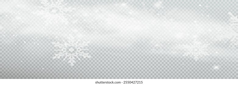 Illustration of tiny flying snow flakes. Menacing dust freezes shapes. Snowfall sky white transparent wallpaper. Flat snowflakes january vector.	