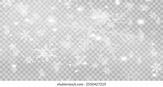 Illustration of tiny flying snow flakes. Menacing dust freezes shapes. Snowfall sky white transparent wallpaper. Flat snowflakes january vector.	