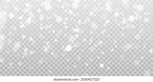 Illustration of tiny flying snow flakes. Menacing dust freezes shapes. Snowfall sky white transparent wallpaper. Flat snowflakes january vector.	