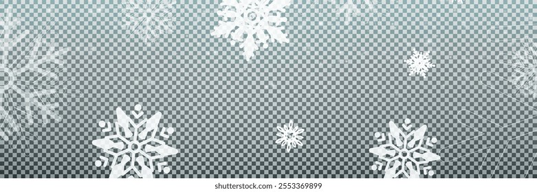 Illustration of tiny flying snow flakes. Menacing dust freezes shapes. Snowfall sky white transparent wallpaper. Flat snowflakes january vector.