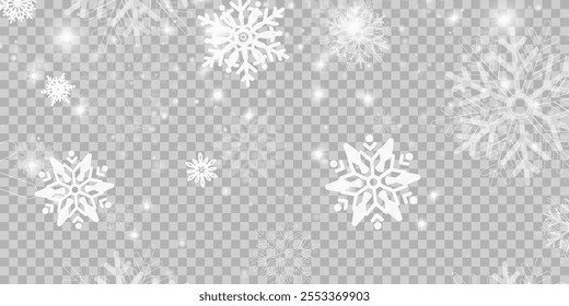 Illustration of tiny flying snow flakes. Menacing dust freezes shapes. Snowfall sky white transparent wallpaper. Flat snowflakes january vector.