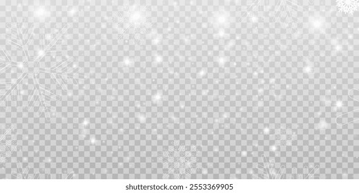 Illustration of tiny flying snow flakes. Menacing dust freezes shapes. Snowfall sky white transparent wallpaper. Flat snowflakes january vector.