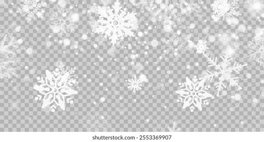 Illustration of tiny flying snow flakes. Menacing dust freezes shapes. Snowfall sky white transparent wallpaper. Flat snowflakes january vector.