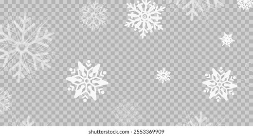 Illustration of tiny flying snow flakes. Menacing dust freezes shapes. Snowfall sky white transparent wallpaper. Flat snowflakes january vector.