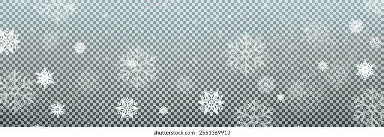 Illustration of tiny flying snow flakes. Menacing dust freezes shapes. Snowfall sky white transparent wallpaper. Flat snowflakes january vector.