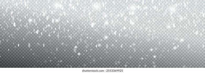 Illustration of tiny flying snow flakes. Menacing dust freezes shapes. Snowfall sky white transparent wallpaper. Flat snowflakes january vector.