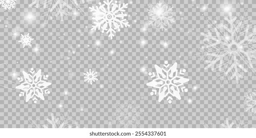 Illustration of tiny flying snow flakes. Menacing dust freezes shapes. Snowfall sky white transparent wallpaper. Flat snowflakes january vector.