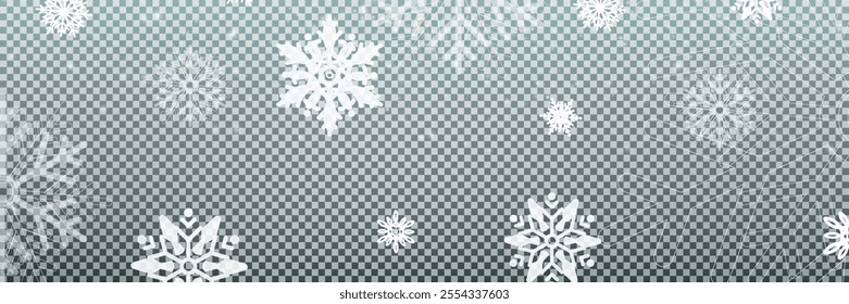 Illustration of tiny flying snow flakes. Menacing dust freezes shapes. Snowfall sky white transparent wallpaper. Flat snowflakes january vector.