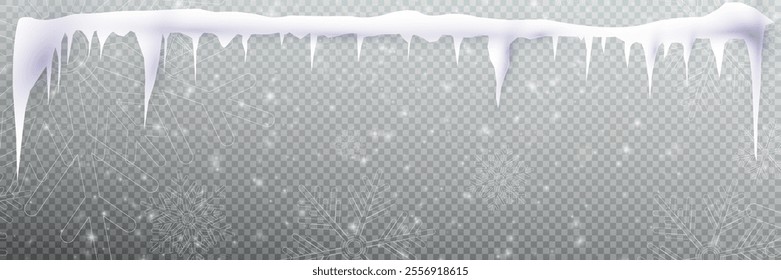 Illustration of tiny flying snow flakes. Menacing dust freezes shapes. Snowfall sky white transparent wallpaper. Flat snowflakes january vector.	