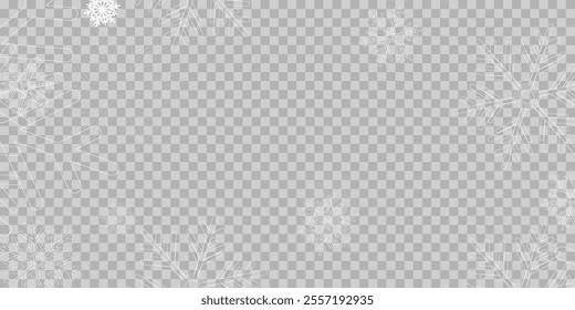 Illustration of tiny flying snow flakes. Menacing dust freezes shapes. Snowfall sky white transparent wallpaper. Flat snowflakes january vector.	