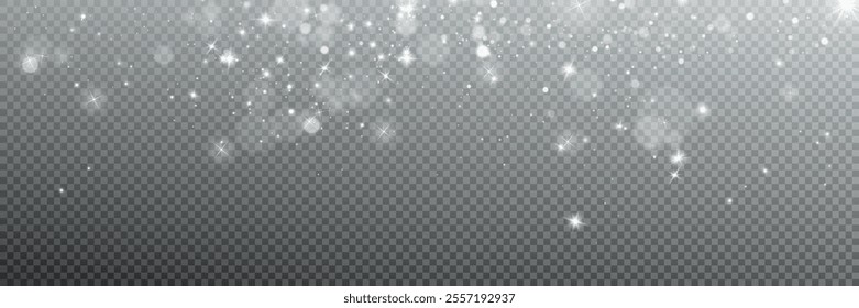 Illustration of tiny flying snow flakes. Menacing dust freezes shapes. Snowfall sky white transparent wallpaper. Flat snowflakes january vector.	