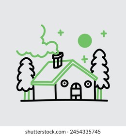 Illustration of tiny house with funny face