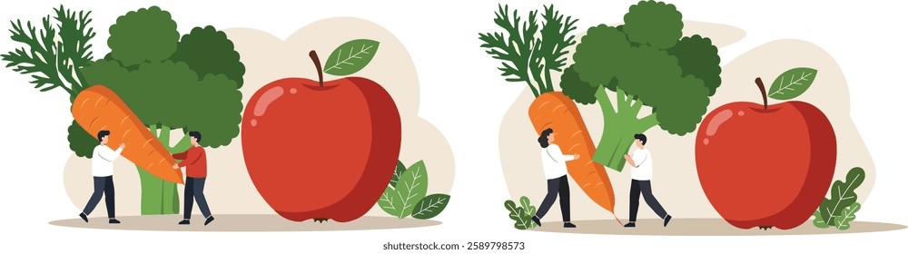 Illustration of tiny people carrying an oversized carrot and standing next to a large apple and broccoli, representing fresh produce, healthy eating, and organic farming concepts