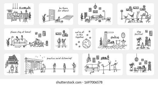 Illustration of tiny people in quarantine, various activities like meditation, cooking, home office, exercising, shopping for neighbours - Coronavirus pandemic 2020