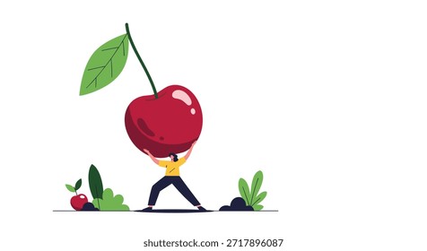 Ilustración de una pequeña persona levantando una enorme cereza roja con una hoja verde en un paisaje surrealista con arbustos.