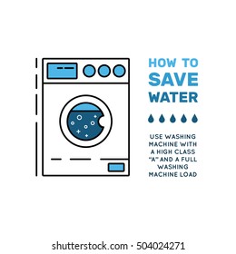 Illustration with tips on saving water consumption by man in a house to reduce financial costs and reduce the amount of accounts with water consumption. Outline icon and symbol saving water.