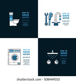 Illustration with tips on saving water consumption by man in a house to reduce financial costs and reduce the amount of accounts with water consumption. Outline icon and symbol saving water.
