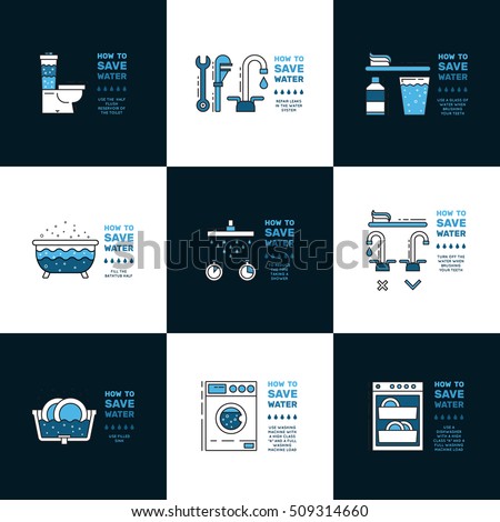 Illustration with tips on saving water consumption by man in a house to reduce financial costs and reduce the amount of accounts with water consumption.