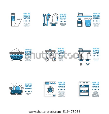 Illustration with tips on saving water consumption by man in a house to reduce financial costs and reduce the amount of accounts with water consumption. Outline icon and symbol saving water.