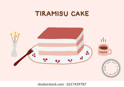 Illustration of a tiramisu cake with a cup of coffee best design for packaging