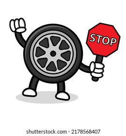 Illustration of tire cartoon character with traffic sign.