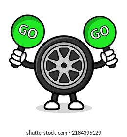 Illustration of tire cartoon character with traffic sign.