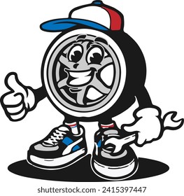 illustration of tire character. Rims mascot. illustration of tire mascot vector perfect for mascot logos for tire repair shops, repair shops, automotive shop and those related to car tires