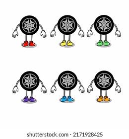Illustration of tire character with various colors.