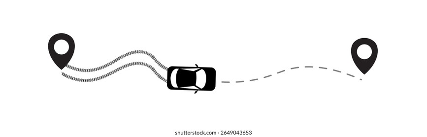 Ilustração da pista dos pneus e do percurso das linhas tracejadas com um veículo posicionado entre os pernos de localização, mostrando a direção da viagem, a planificação do percurso de marcha e a navegação do veículo num mapa