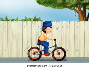 Illustration of a tired boy biking