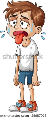Illustration of a tired boy sweating with a fatigued expression, wearing casual clothes and sneakers, in a cartoon style