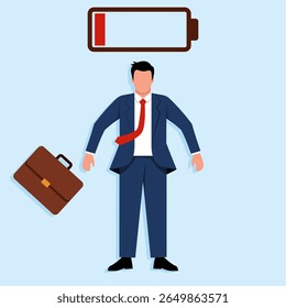 Illustration of a tired businessman with a low battery icon, symbolizing burnout, exhaustion, and stress in the workplace.