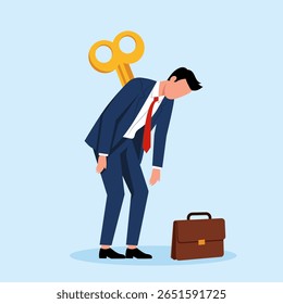 Illustration of a tired businessman with a wind-up key unwound on his back, symbolizing exhaustion, burnout, and lack of energy.