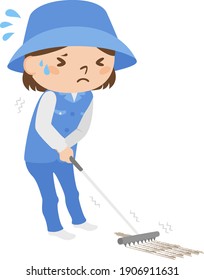 Illustration of a tired female caddy working on a golf course. Women use rakes to clean their golf bunkers.