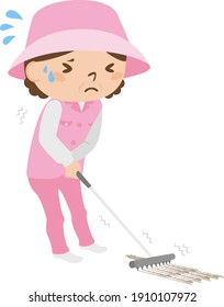 Illustration of a tired female caddy working on a golf course. Women use rakes to clean their golf bunkers.