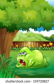 Illustration of a tired green monster near the tree