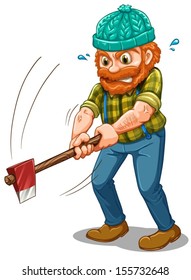 Illustration of a tired lumberjack with an axe on a white background