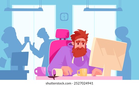 Illustration of a tired man with a beard working at a computer in an office, surrounded by coffee cups and colleagues in the background.